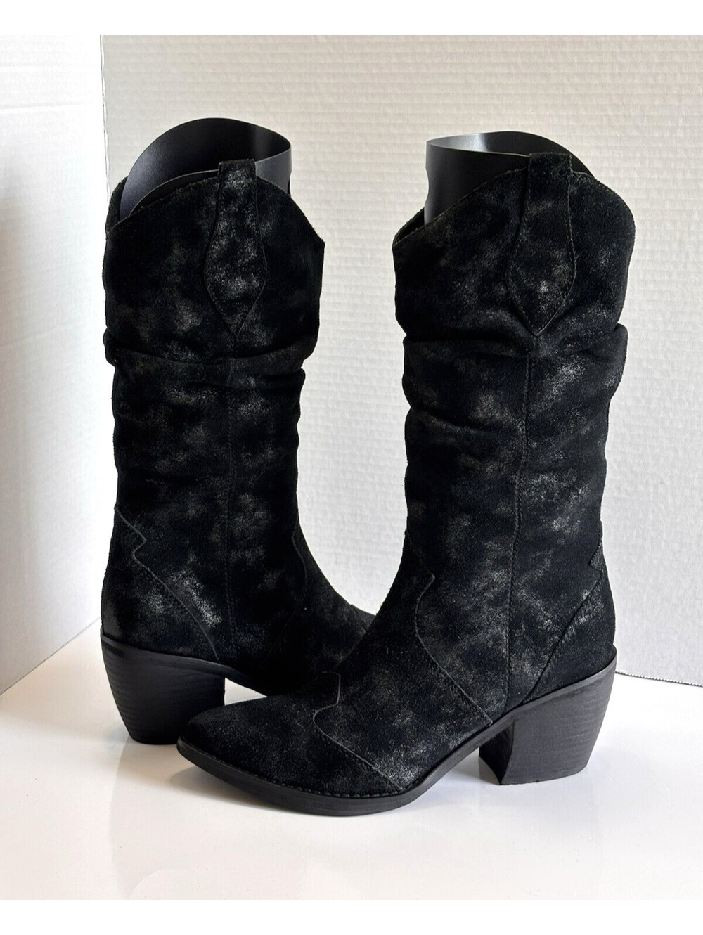 Vaneli Catkin Western Heeled Pull On Slouch Boots Womens Black/Silver Suede 8.5N